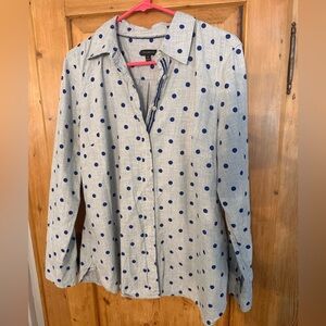 Talbots Button Up Gray w/Blue Polka Dots Sz Medium 100% Cotton
